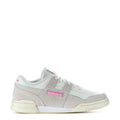 Youth Reebok workout sneakers in white and light gray with mint accents, lace-up