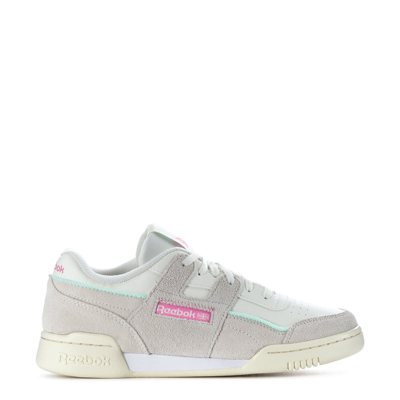 Youth Reebok workout sneakers in white and light gray with mint accents, lace-up