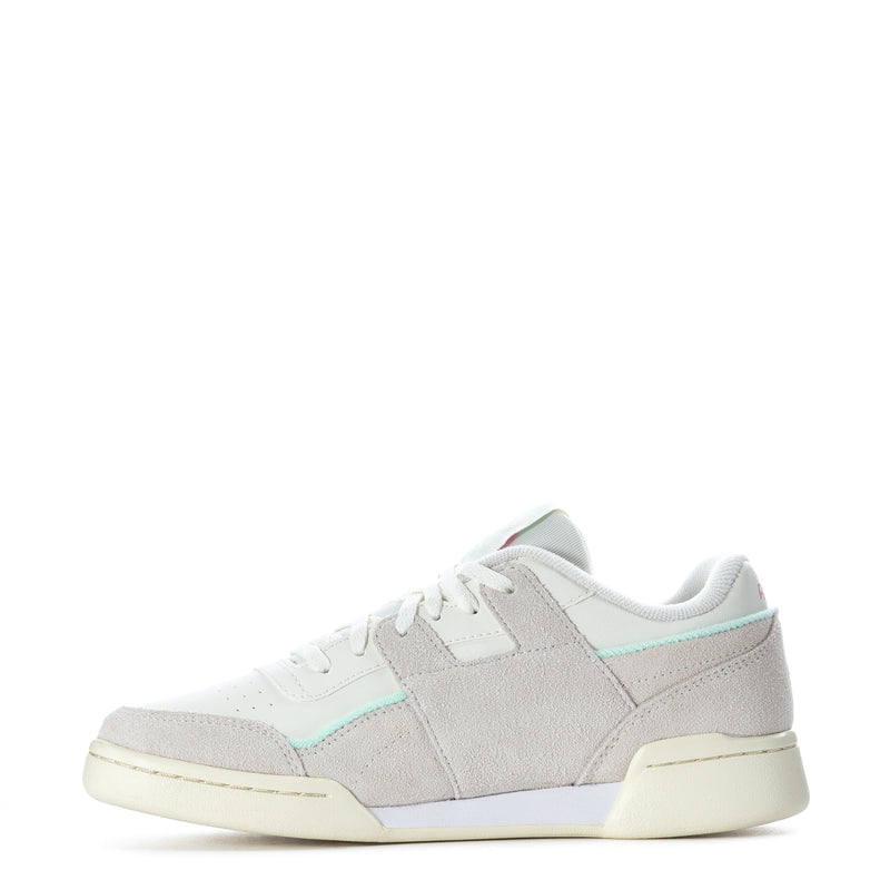 Youth lace-up sneakers with white upper, light gray panels, and mint stripe detail