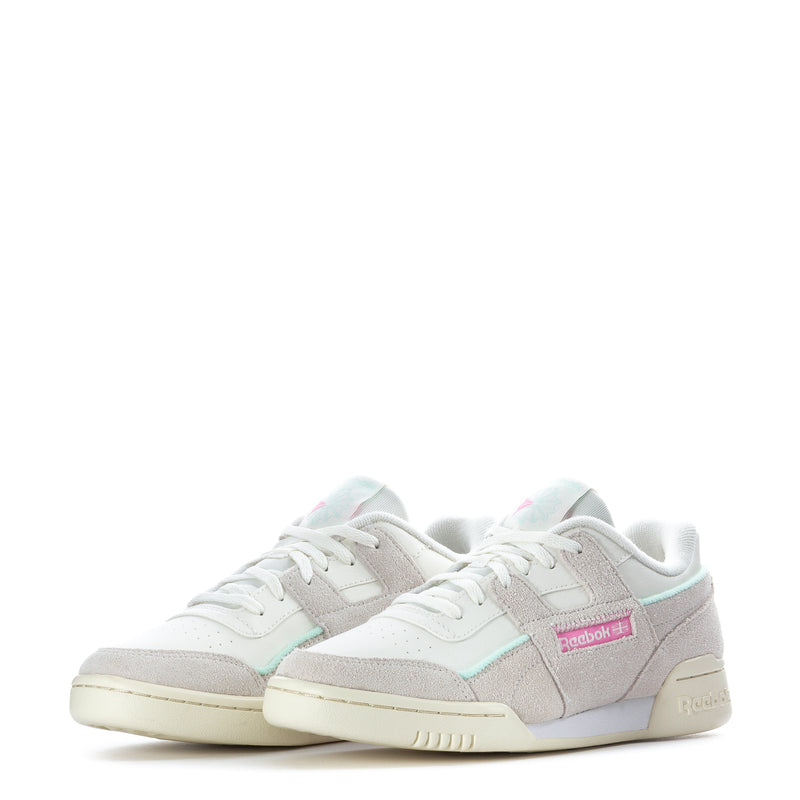 Youth Reebok sneakers with white laces, light gray suede-look panels, and mint accents