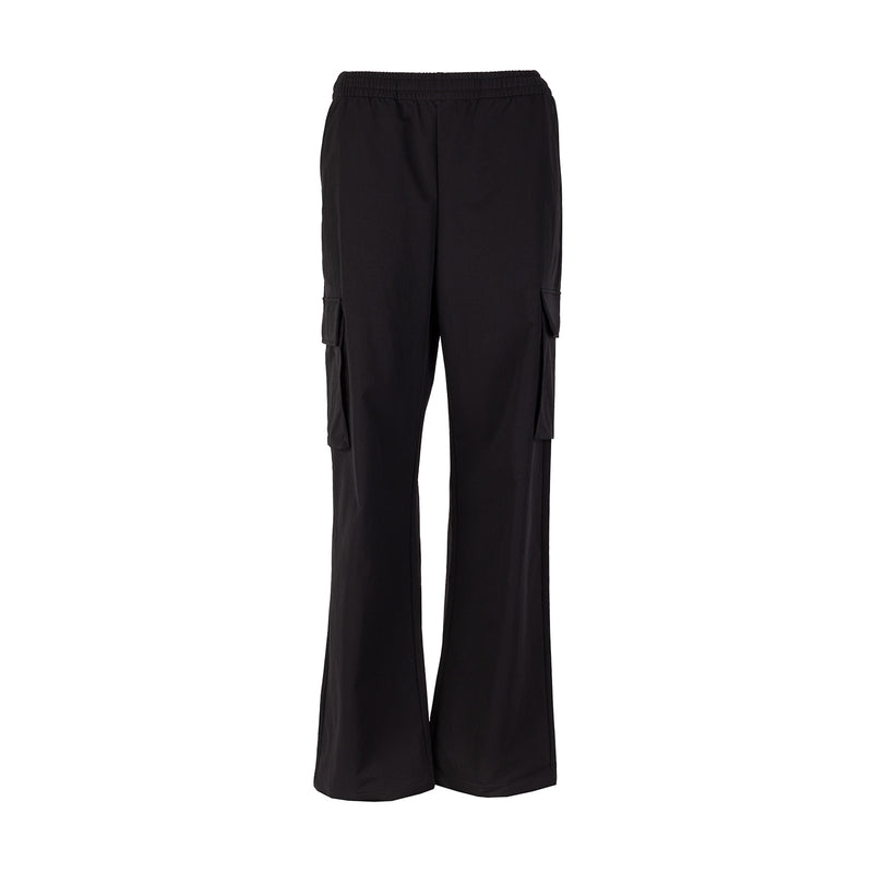Women's black woven cargo pants with elastic waist and side cargo pockets