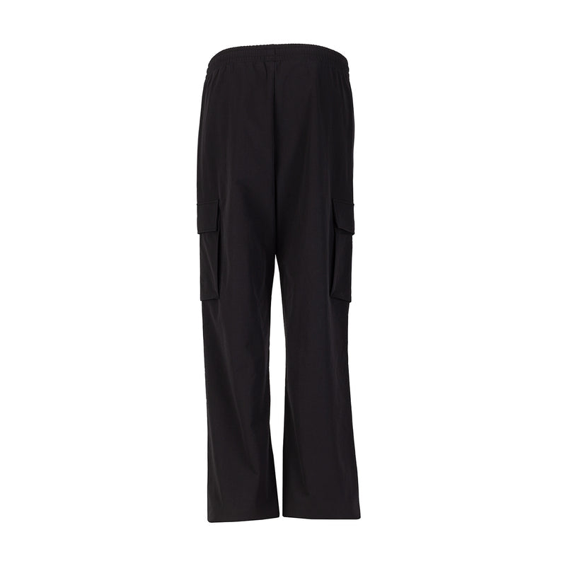 Women's black woven cargo pants, wide leg with side cargo pockets and elastic waist