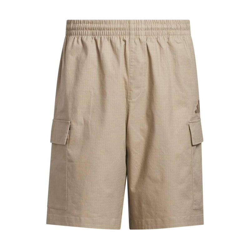 Khaki woven cargo shorts with elastic waistband and side cargo pockets