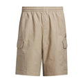 Khaki woven cargo shorts with elastic waistband and side cargo pockets