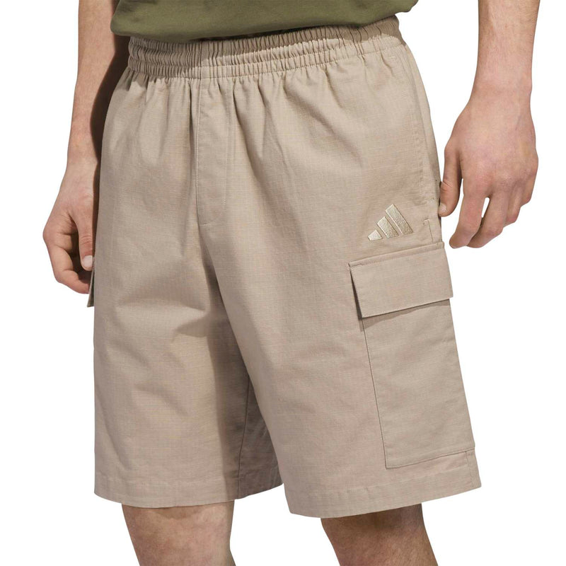 Khaki cargo shorts with elastic waist and side flap pocket