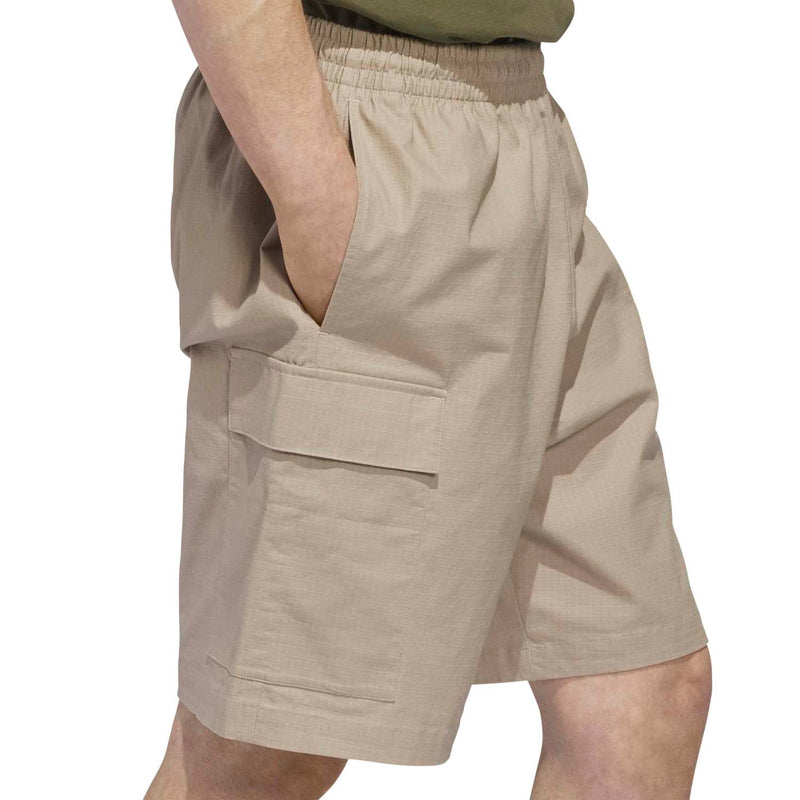 Khaki cargo shorts with elastic waist and large front utility pocket