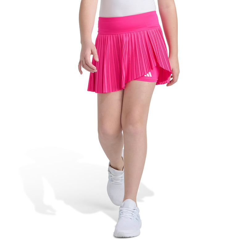 Youth shock pink pleated skort with elastic waistband and layered tennis-style hem
