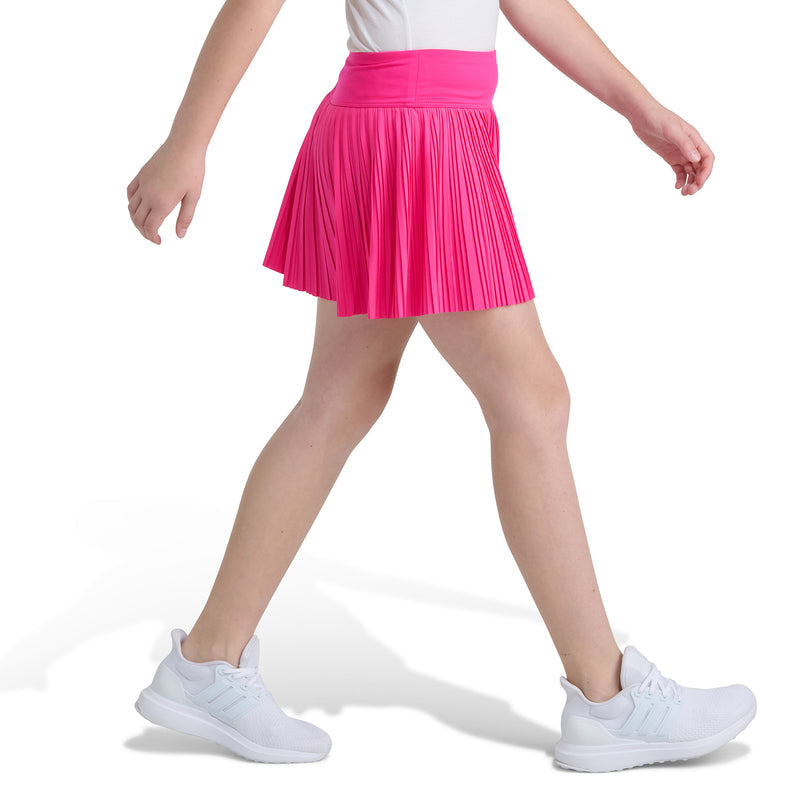 Youth shock pink pleated skort with elastic waistband, above-knee flared fit