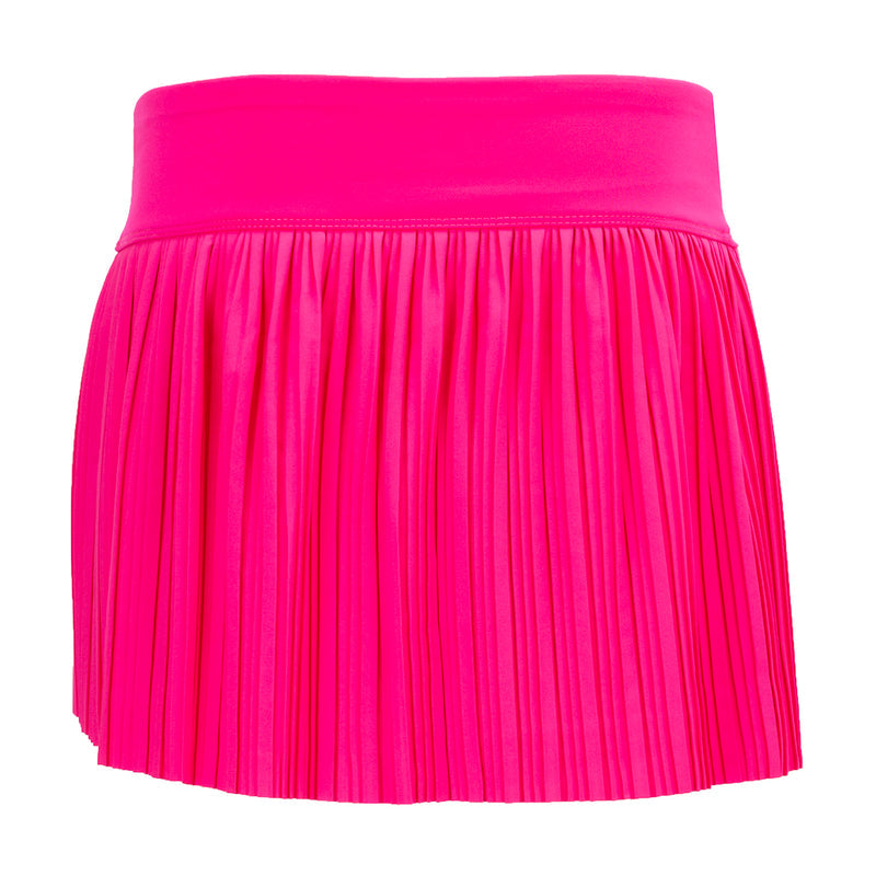Shock pink woven pleated skort with elastic waistband, flared skirt