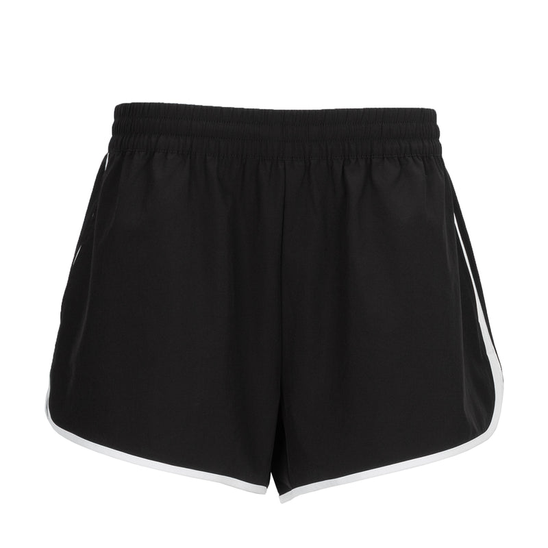 Women's black woven running shorts with elastic waistband, contrast inner hem