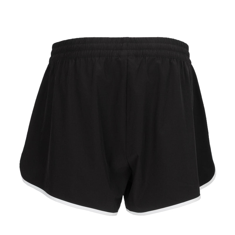 Women's black woven running shorts with gathered elastic waist and curved hem
