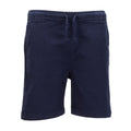 Navy youth woven shorts with elastic waistband and drawstring, front side view