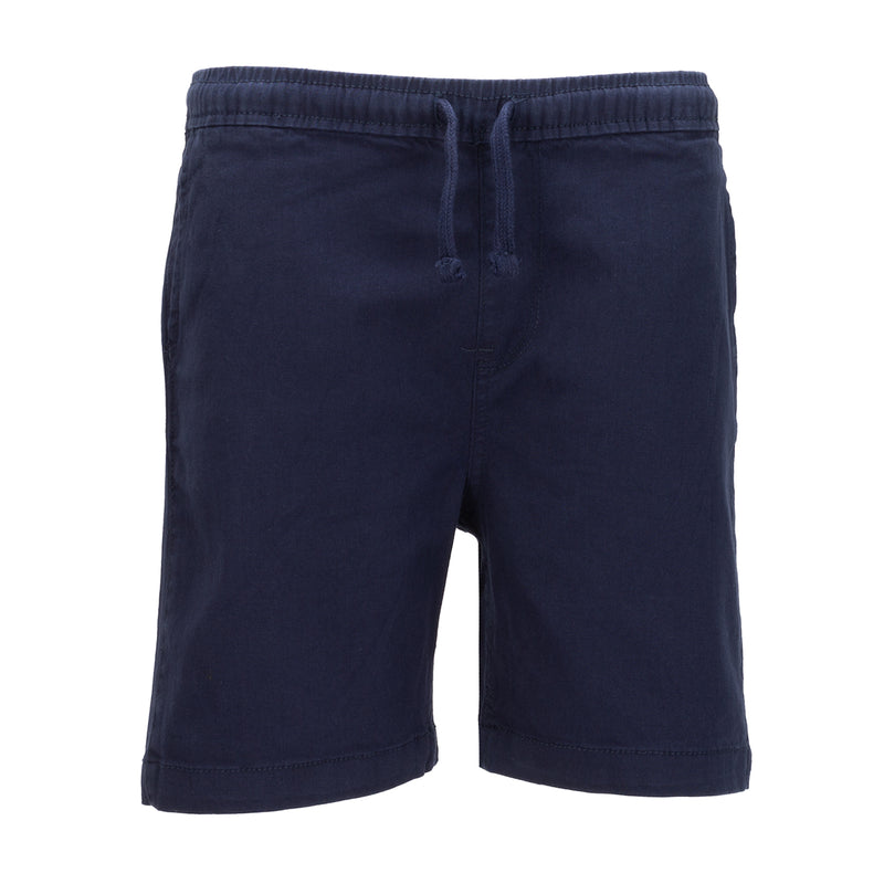 Navy youth woven shorts with elastic waistband and drawstring, front side view
