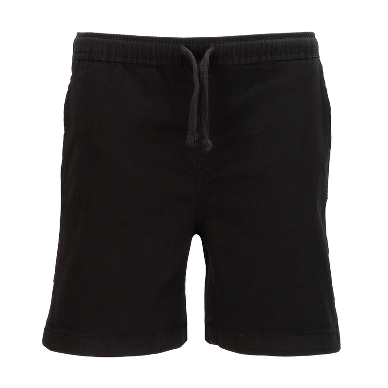 Youth woven shorts, black, elastic waistband with drawstring, front view