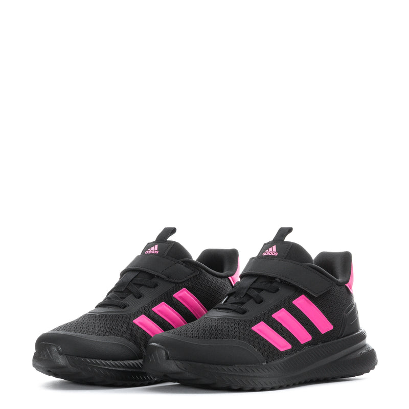 Pair of kids black sneakers with pink three stripes and lace-up design