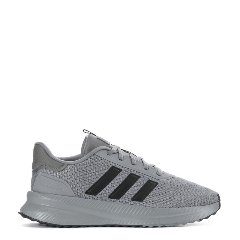 Men's grey knit running shoes with black three-bar stripes and light cushioned sole