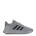Men's grey knit running shoes with black three-bar stripes and light cushioned sole