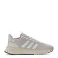 Men's running shoes, light gray knit with three light stripes and cushioned sole