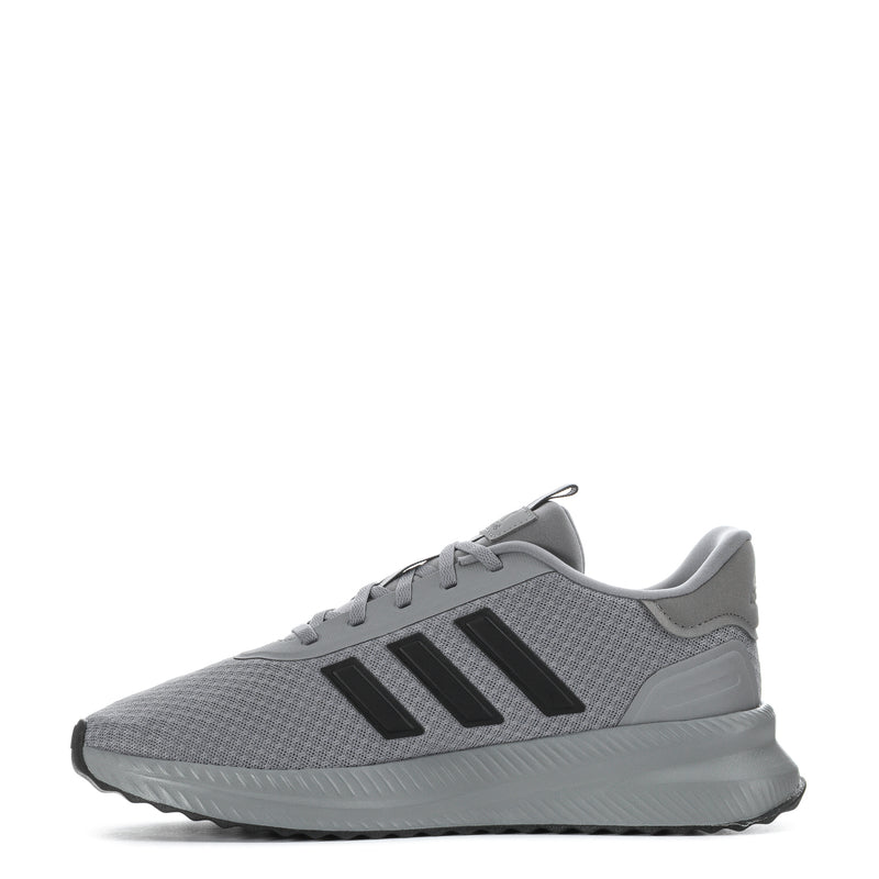 Men's grey knit running shoes with black stripes and padded collar, lace-up style