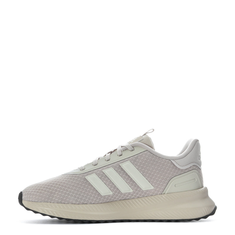 Men's running shoes side profile, gray mesh upper with light stripes and dark tread