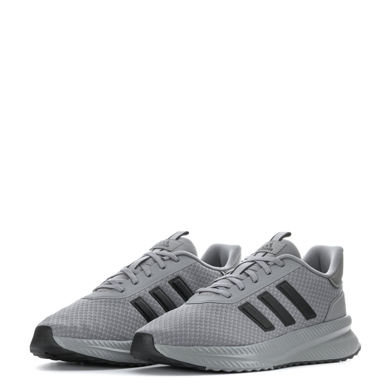 Pair of men's grey knit running shoes with black three-bar stripes and cushioned midsoles