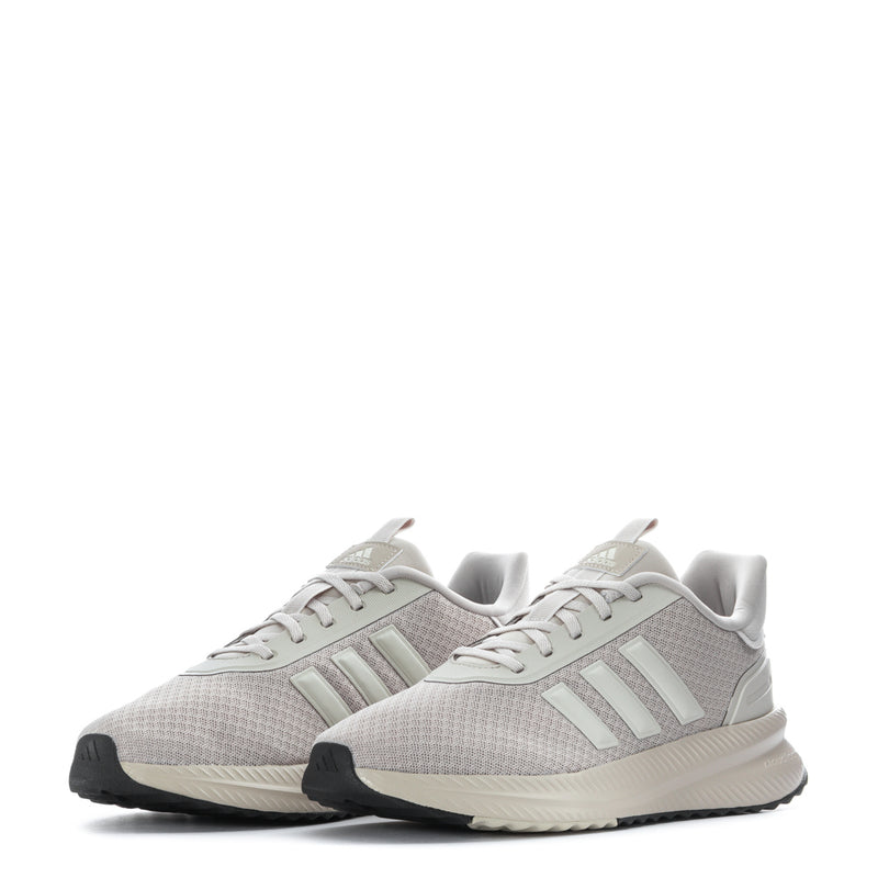 Men's running shoes, light gray mesh, three light stripes, black rubber outsole