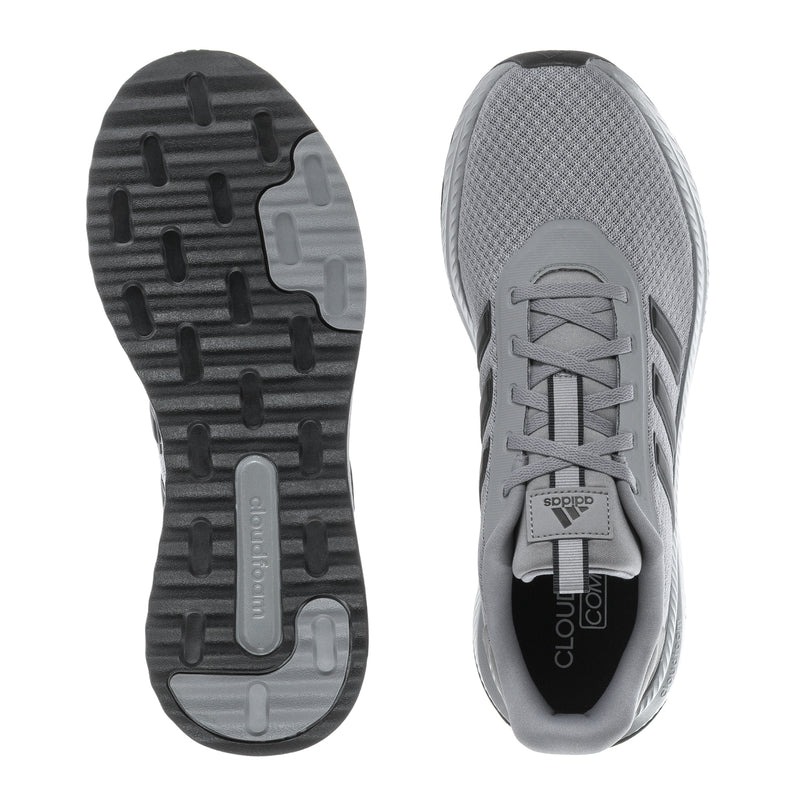 Men's shoe outsole tread and grey mesh upper with lace-up front
