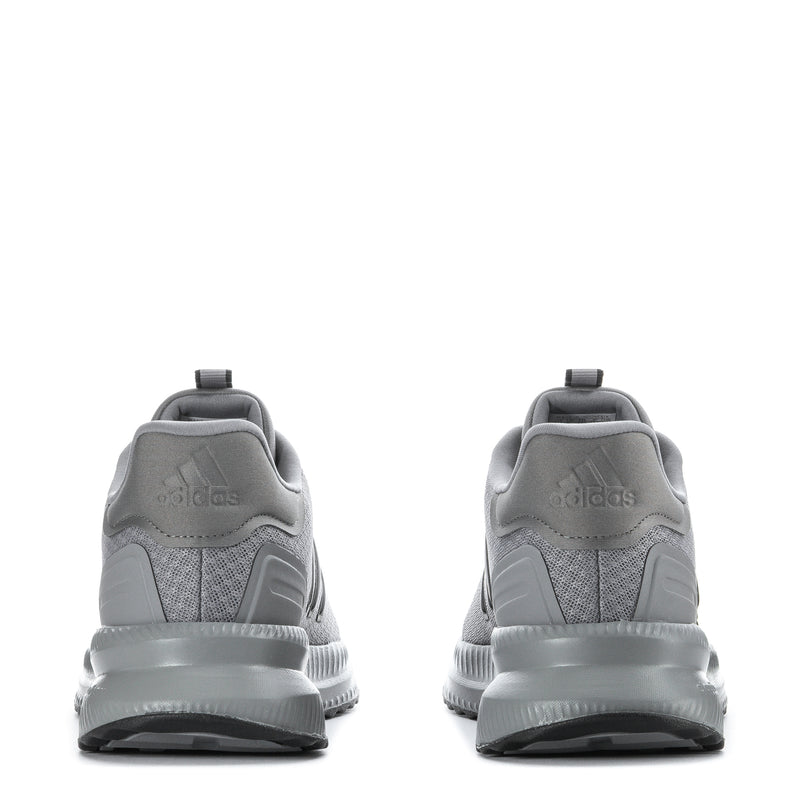 Men's grey knit running shoes rear view with cushioned heel and lace loops
