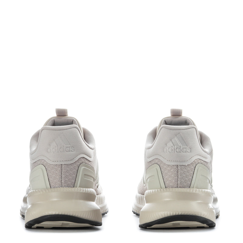 Men's running shoes back view, gray knit upper with padded collar