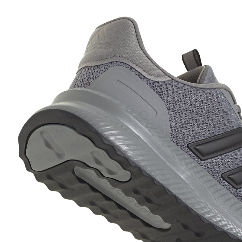 Men's grey running shoe sole and side wall detail with black stripe accents