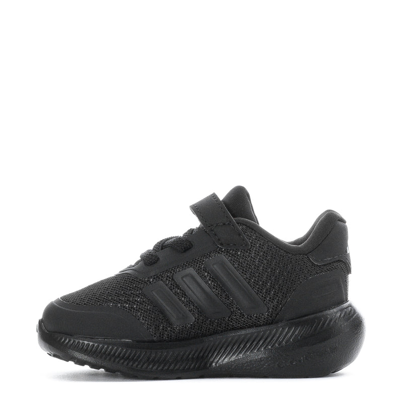 Black toddler sneaker side view with cushioned collar, lace-up, and rubber outsole