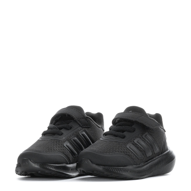 Pair of black toddler sneakers from front, with lace-up and padded heel support