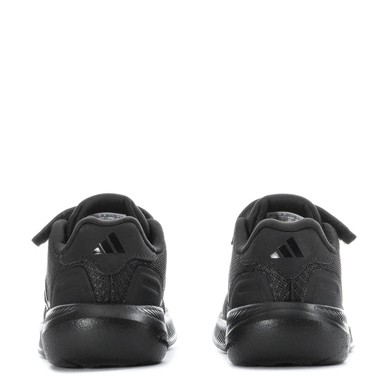 Black toddler sneakers heel view with embroidered logo detail and cushioned back