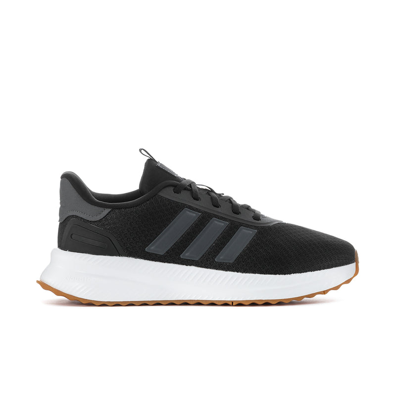 Men's wide running shoes, black knit upper with gray stripes and white sole