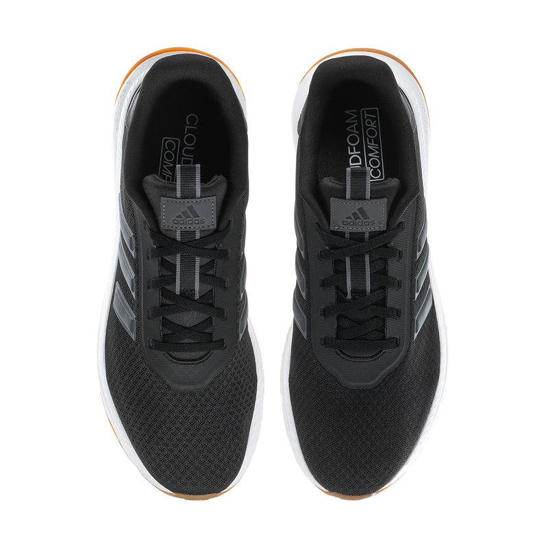 Men's wide running shoes, black interior view with lace-up and cushioned insole