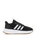 Black and white womens running shoes with three stripes and white foam midsole