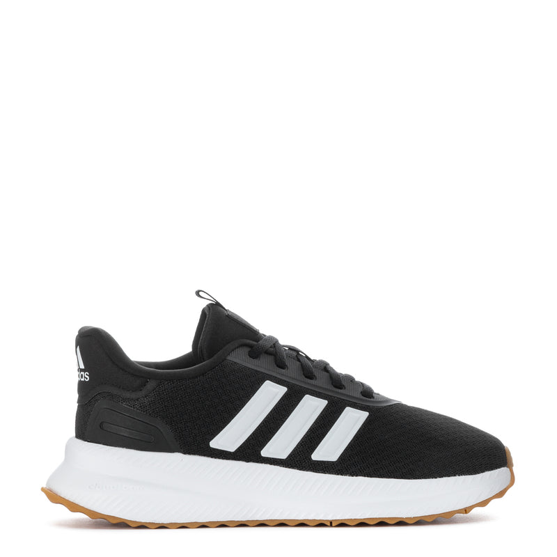 Black and white womens running shoes with three stripes and white foam midsole