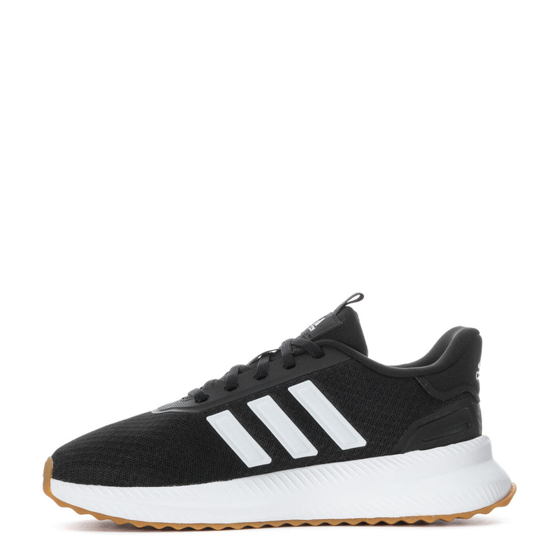 Black womens running shoe with white side stripes, lace-up front, and white midsole
