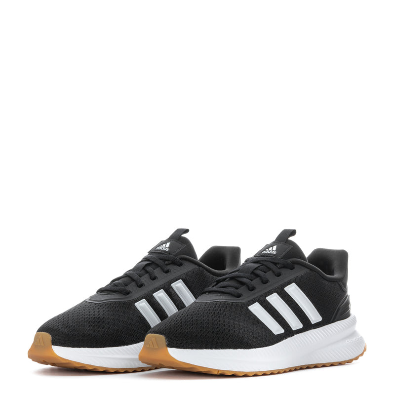 Pair of black womens running shoes with white triple stripes and gum-style outsole
