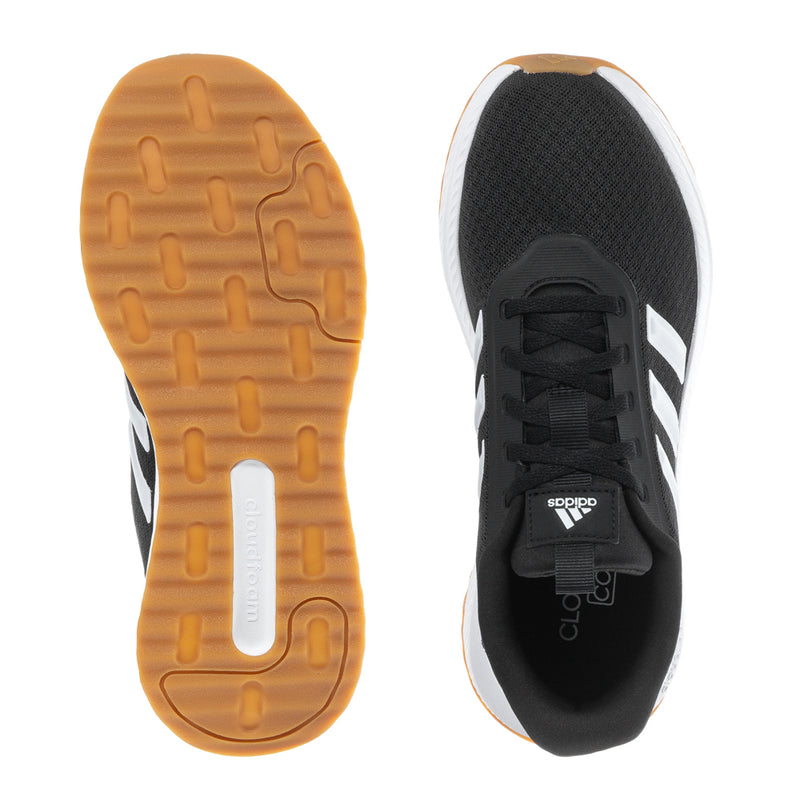Black womens running shoe soles view: gum traction outsole and white sidewall