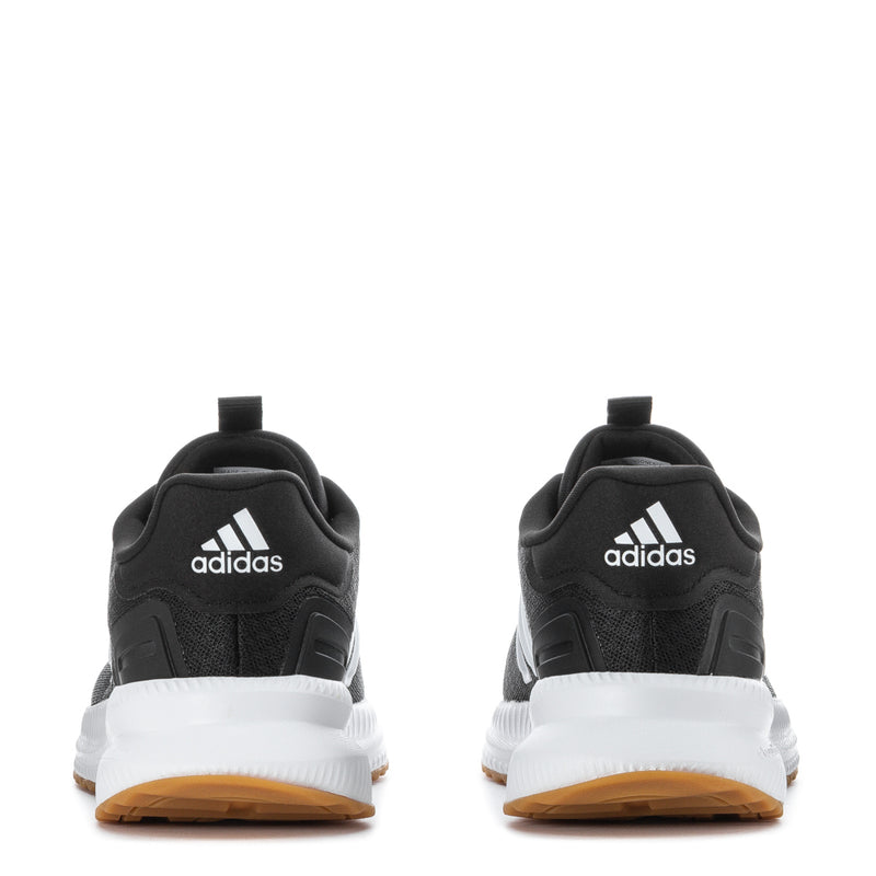 Back view of black womens running shoes with adidas heel branding and white midsole