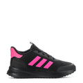 Youth black athletic sneaker with three pink side stripes and black laces