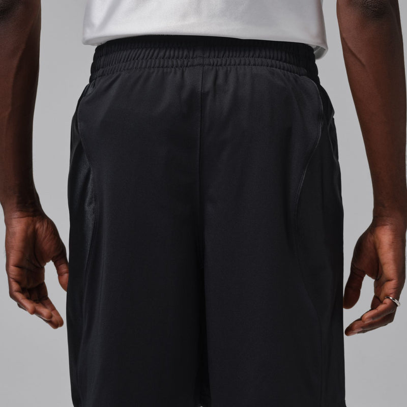 Black men's athletic shorts with elastic waistband and straight back panel