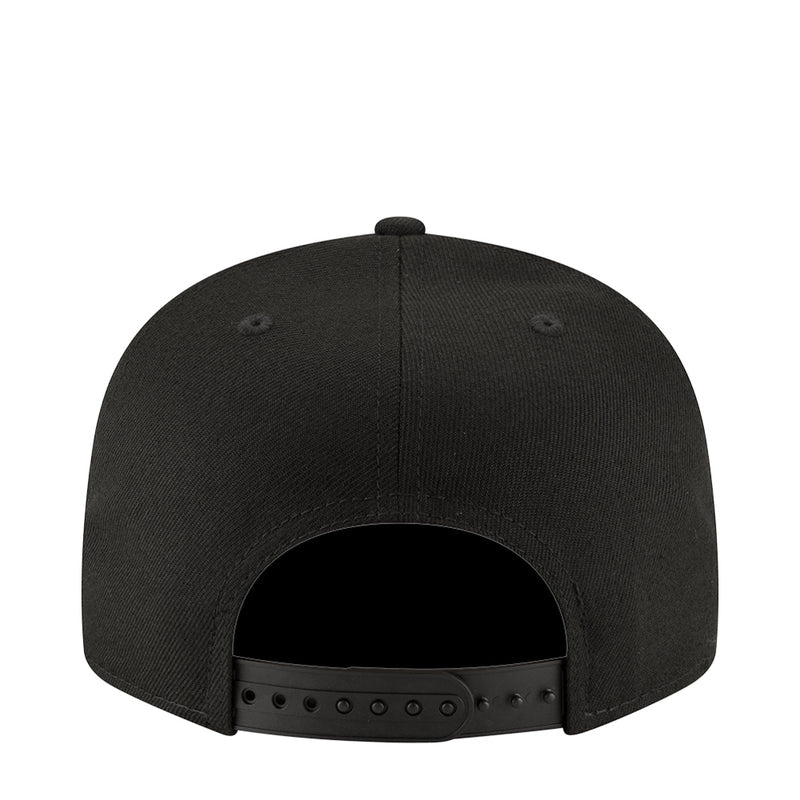 Black baseball cap back view with adjustable strap and six-hole detail
