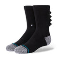 Black youth crew socks, ribbed knit, gray toe/heel, small white logo at ankle.