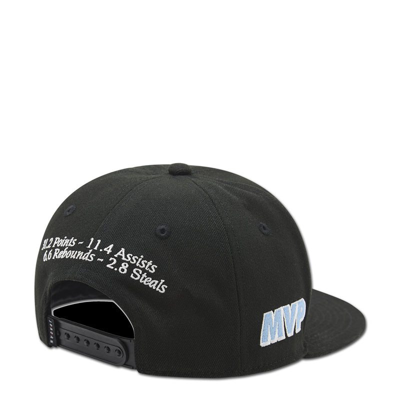 Youth black snapback cap with white stats text and blue MVP patch on side