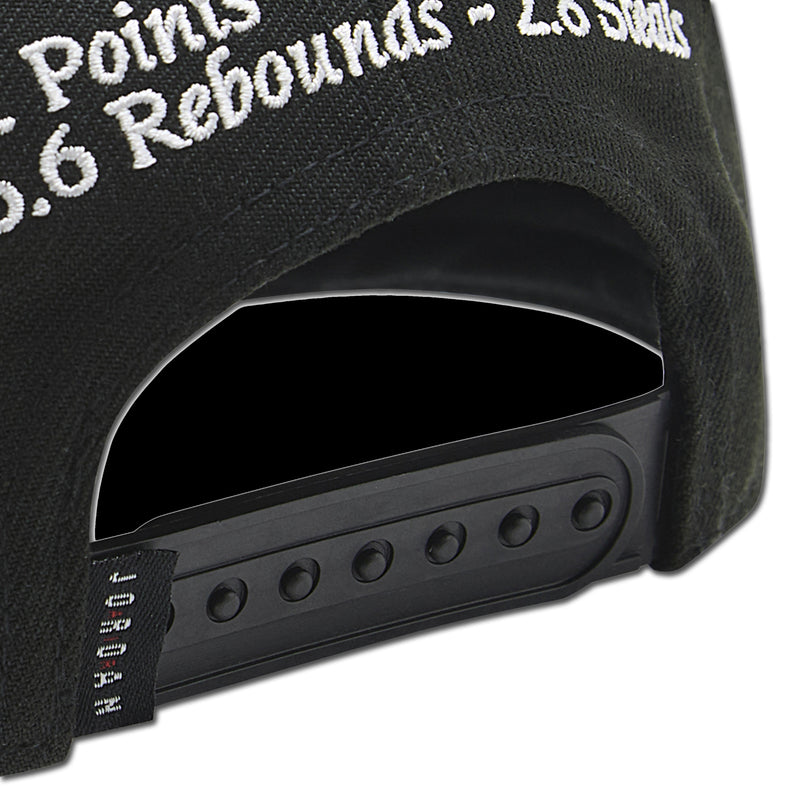 Black snapback cap front close-up with white embroidered stats and black ventilation panel