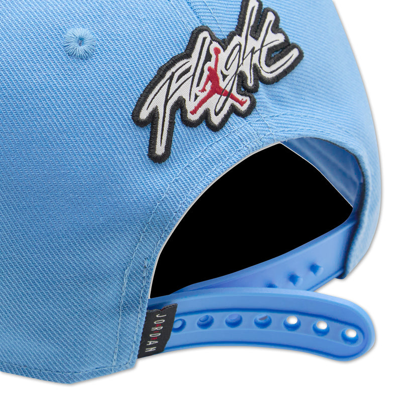 Blue curved-brim cap close-up: Flight logo embroidery, black underbill, blue snap strap