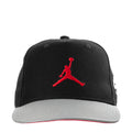 Youth snapback cap, black crown with red Jumpman logo and gray brim
