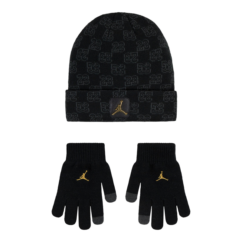 Youth monogram beanie and gloves set in dark knit with gold Jordan logo